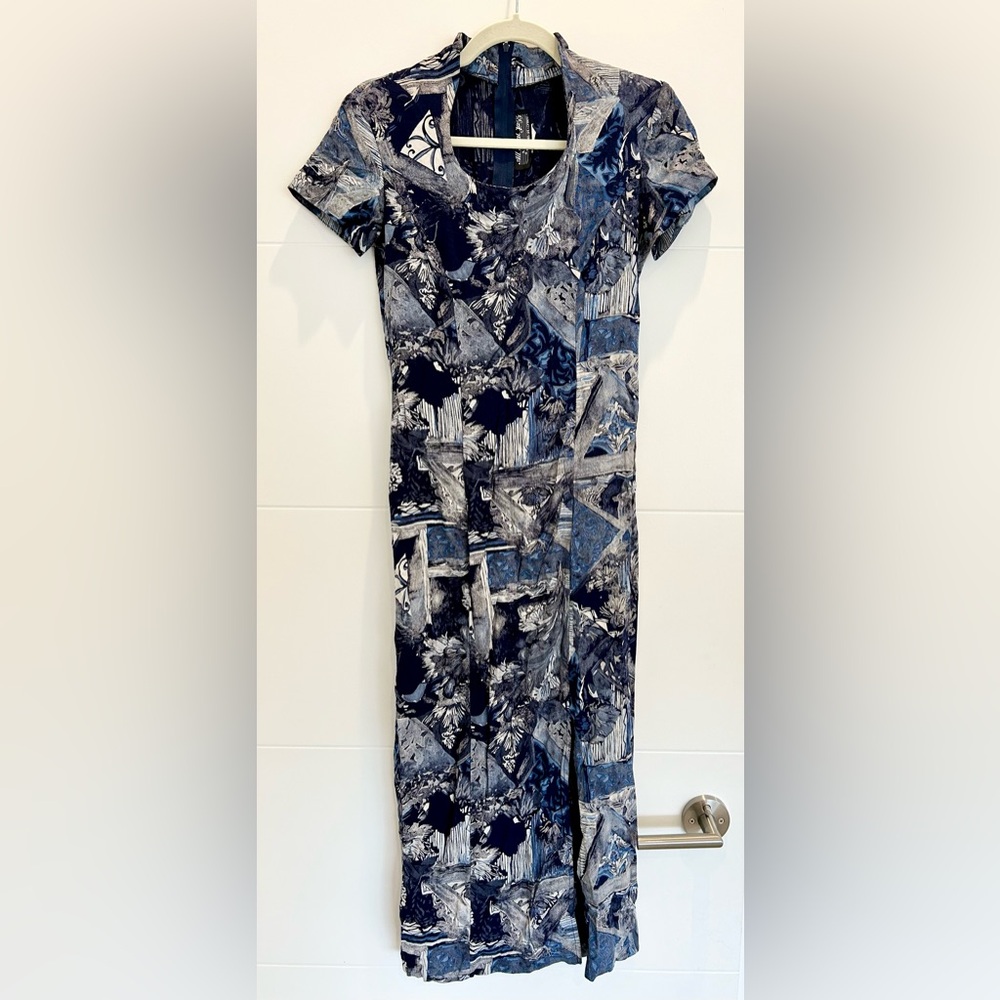 Vintage All That Jazz Blue and White Printed Maxi Dress Size Small